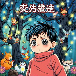 A dynamic manga-style book cover depicting a lonely child abandoned by their parents in a magical forest