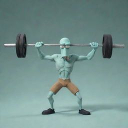 An animated picture of a muscular Squidward from SpongeBob cartoon, vigorously lifting a barbell with the popular blogger Mellstroy spotting him.