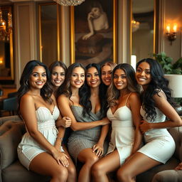 A group of attractive, confident women, posed tastefully together in a luxurious indoor setting