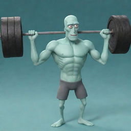 An animated picture of a muscular Squidward from SpongeBob cartoon, vigorously lifting a barbell with the popular blogger Mellstroy spotting him.