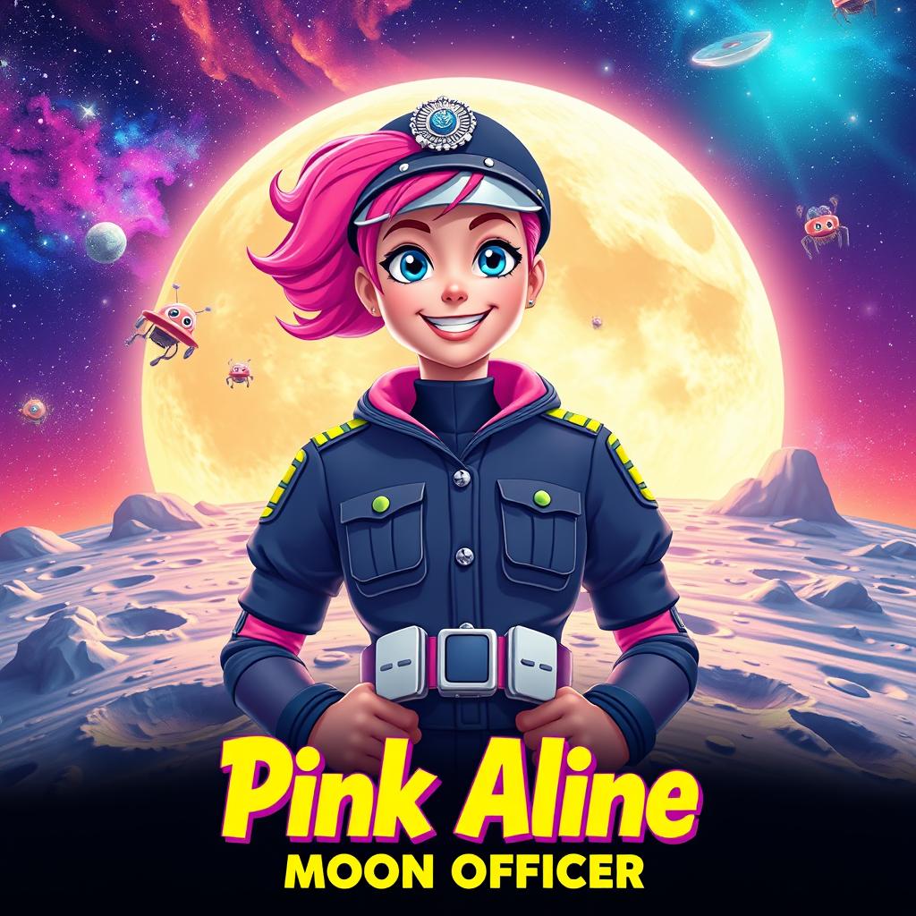 A vibrant and imaginative poster for a fictional film titled 'Pink Aline: Moon Officer'