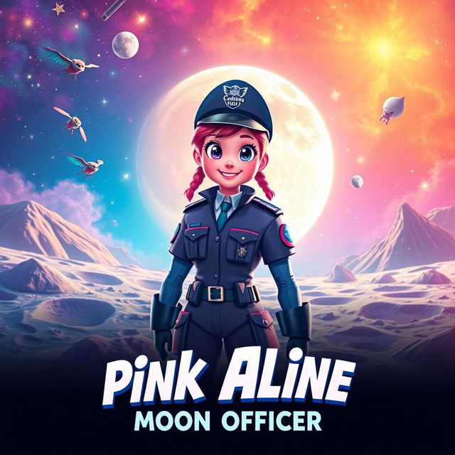 A vibrant and imaginative poster for a fictional film titled 'Pink Aline: Moon Officer'