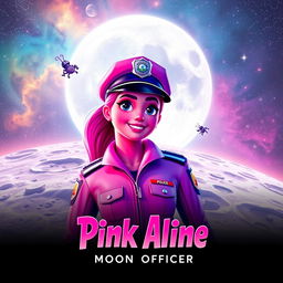 A vibrant and imaginative poster for a fictional film titled 'Pink Aline: Moon Officer'