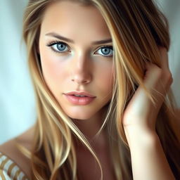 A stunning young woman with long dark blonde hair cascading down her shoulders, deep dark blue eyes that captivate the viewer, and fair skin that radiates beauty