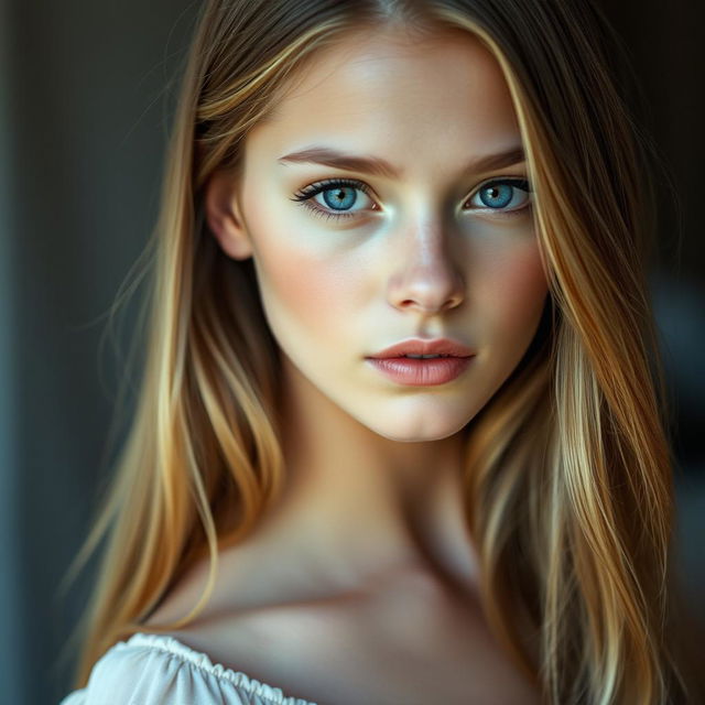 A stunning young woman with long dark blonde hair cascading down her shoulders, deep dark blue eyes that captivate the viewer, and fair skin that radiates beauty