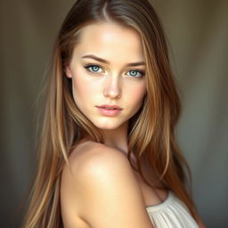 A stunning young woman with long dark blonde hair cascading down her shoulders, deep dark blue eyes that captivate the viewer, and fair skin that radiates beauty