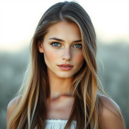 A stunning young woman with long dark blonde hair cascading down her shoulders, deep dark blue eyes that captivate the viewer, and fair skin that radiates beauty