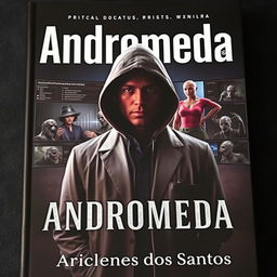 A dark and mysterious book cover for the novel 'Andromeda', featuring an Angolan doctor at the forefront, surrounded by an enigmatic atmosphere