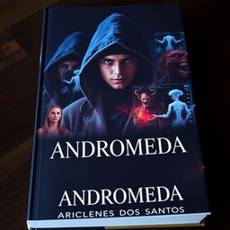 A dark and mysterious book cover for the novel 'Andromeda', featuring an Angolan doctor at the forefront, surrounded by an enigmatic atmosphere