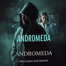 A dark and mysterious book cover for the novel 'Andromeda', featuring an Angolan doctor at the forefront, surrounded by an enigmatic atmosphere