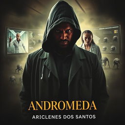 A dark and mysterious book cover for the novel 'Andromeda', featuring an Angolan doctor at the forefront, surrounded by an enigmatic atmosphere