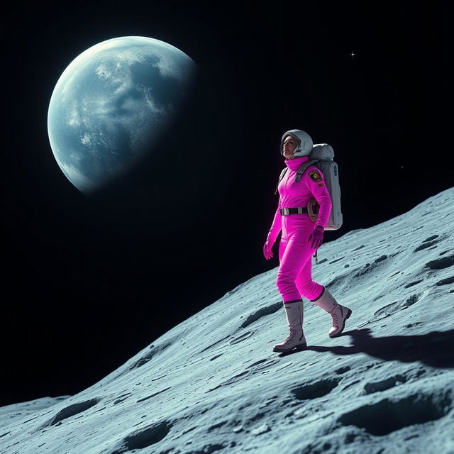 A cinematic scene depicting a police officer named Aline, who embarks on an extraordinary journey to the moon