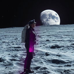 A cinematic scene depicting a police officer named Aline, who embarks on an extraordinary journey to the moon