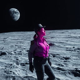 A cinematic scene depicting a police officer named Aline, who embarks on an extraordinary journey to the moon