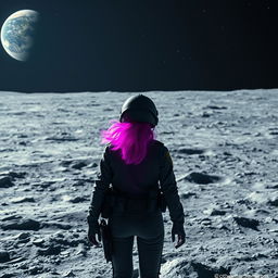 A cinematic scene depicting a police officer named Aline, who embarks on an extraordinary journey to the moon