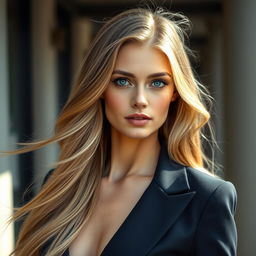 A realistic portrayal of a stunning young woman with long dark blonde hair, flowing elegantly past her shoulders