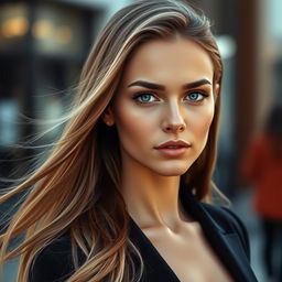 A realistic portrayal of a stunning young woman with long dark blonde hair, flowing elegantly past her shoulders