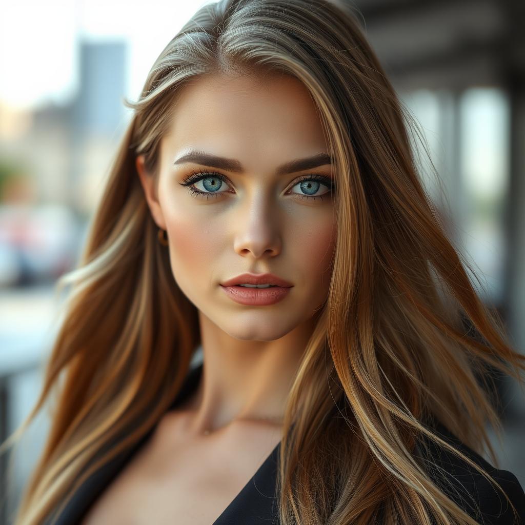 A realistic portrayal of a stunning young woman with long dark blonde hair, flowing elegantly past her shoulders