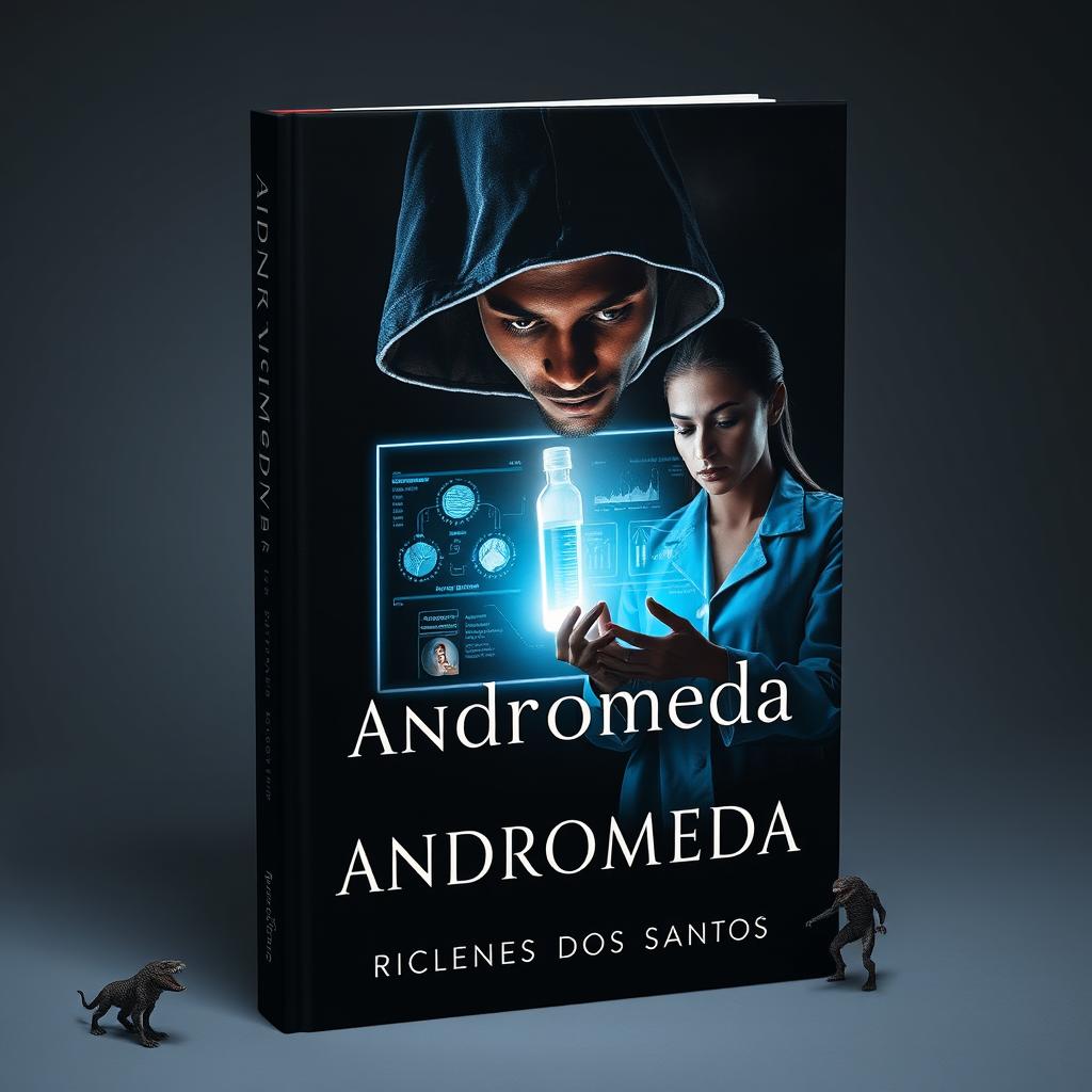 A captivating and dark book cover for the novel 'Andromeda', depicting an Angolan doctor leading his team in the search for a vaccine for a global disease