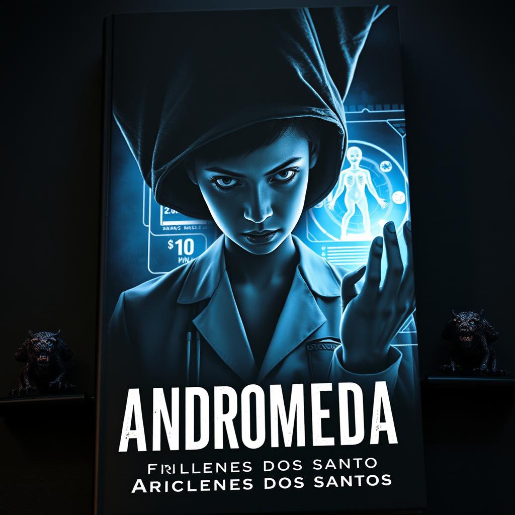 A captivating and dark book cover for the novel 'Andromeda', depicting an Angolan doctor leading his team in the search for a vaccine for a global disease