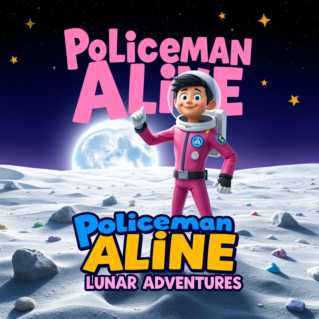 A whimsical and imaginative movie poster for a film titled "Policeman Aline: Lunar Adventures