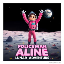 A whimsical and imaginative movie poster for a film titled "Policeman Aline: Lunar Adventures