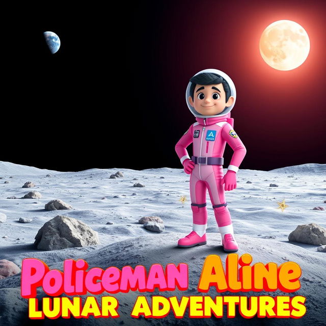 A whimsical and imaginative movie poster for a film titled "Policeman Aline: Lunar Adventures