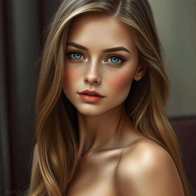 A realistic and stunning portrayal of a young woman with long dark blonde hair, elegantly framing her delicate face