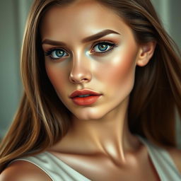 A realistic and stunning portrayal of a young woman with long dark blonde hair, elegantly framing her delicate face