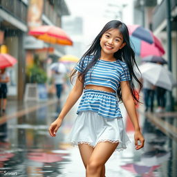 A cheerful Asian girl with long hair walks confidently in the rain, her vibrant smile lighting up the scene