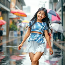 A cheerful Asian girl with long hair walks confidently in the rain, her vibrant smile lighting up the scene