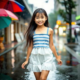 A cheerful Asian girl with long hair walks confidently in the rain, her vibrant smile lighting up the scene