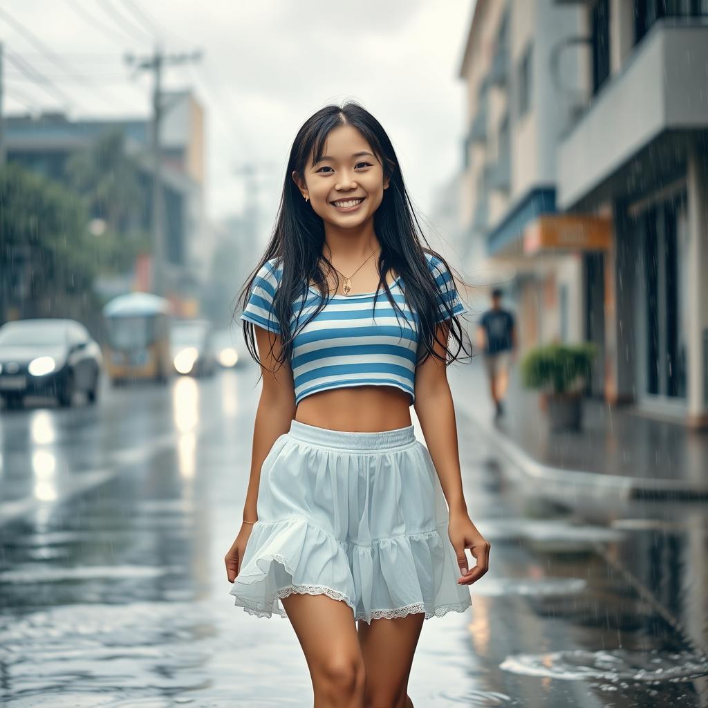 An 18-year-old Asian girl with long hair walks joyfully in the rain, her bright smile illuminating the scene