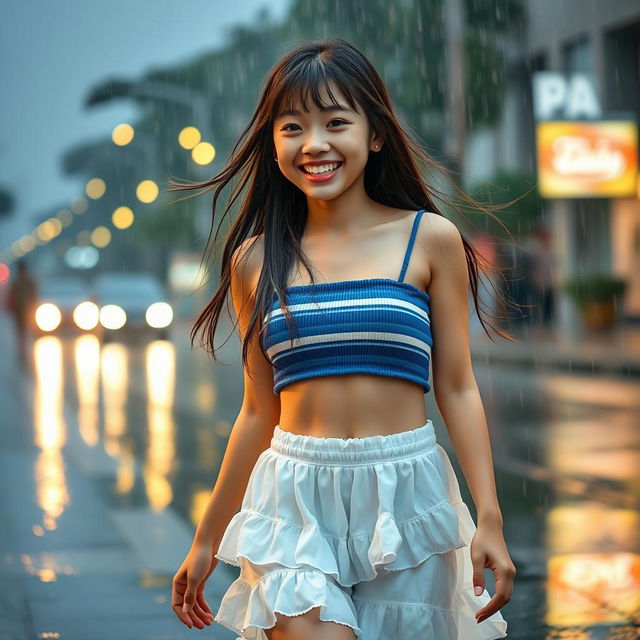 An 18-year-old Asian girl with long hair walks joyfully in the rain, her bright smile illuminating the scene