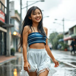 An 18-year-old Asian girl with long hair walks joyfully in the rain, her bright smile illuminating the scene