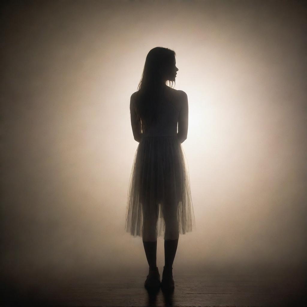 A girl standing in a dreamy fog, with dramatic lighting casting an ethereal glow highlighting her silhouette