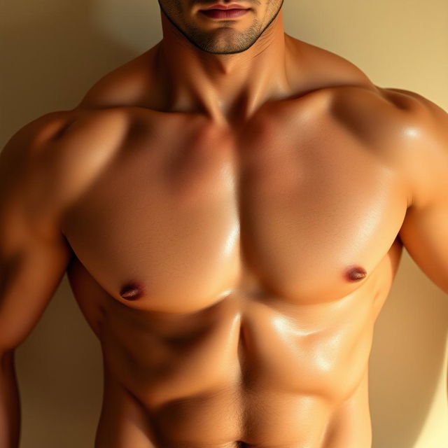 A beautifully sculpted male chest, showcasing defined muscles and a light sheen of sweat, evoking a sense of strength and allure