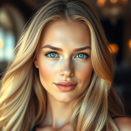 A beautiful young woman with long, flowing blonde hair that shines in the light