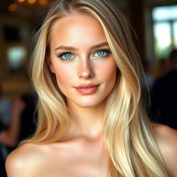 A beautiful young woman with long, flowing blonde hair that shines in the light