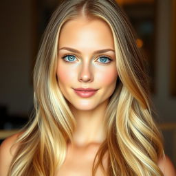 A beautiful young woman with long, flowing blonde hair that shines in the light