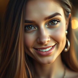 A close-up portrait of a beautiful and confident woman, featuring long, flowing hair and striking hazel eyes