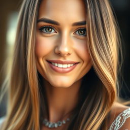 A close-up portrait of a beautiful and confident woman, featuring long, flowing hair and striking hazel eyes