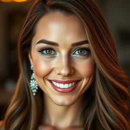 A close-up portrait of a beautiful and confident woman, featuring long, flowing hair and striking hazel eyes