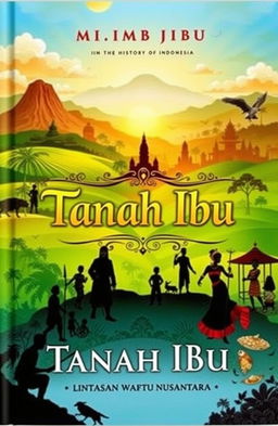 A captivating book cover for a novel titled 'Tanah Ibu: Lintasan Waktu Nusantara', which explores the rich history of Indonesia