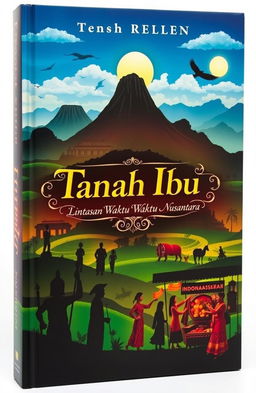 A captivating book cover for a novel titled 'Tanah Ibu: Lintasan Waktu Nusantara', which explores the rich history of Indonesia