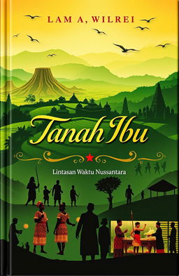 A captivating book cover for a novel titled 'Tanah Ibu: Lintasan Waktu Nusantara', which explores the rich history of Indonesia