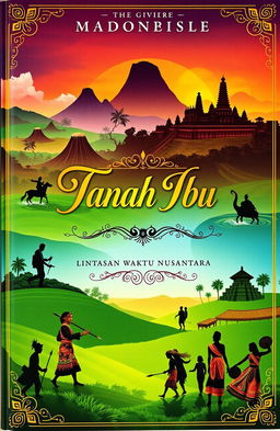 A captivating book cover for a novel titled 'Tanah Ibu: Lintasan Waktu Nusantara', which explores the rich history of Indonesia