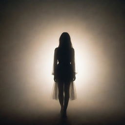 A girl standing in a dreamy fog, with dramatic lighting casting an ethereal glow highlighting her silhouette