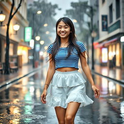 An 18-year-old Asian girl with long hair walks joyfully in the rain, her bright smile radiating happiness