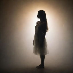 A girl standing in a dreamy fog, with dramatic lighting casting an ethereal glow highlighting her silhouette